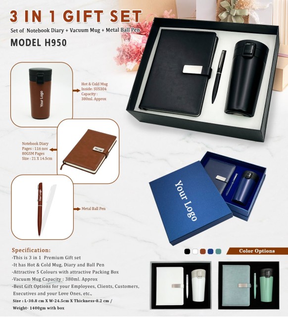 3 in 1 gift set modal h950 hot & cold mug, notebook diary and metal ball pen